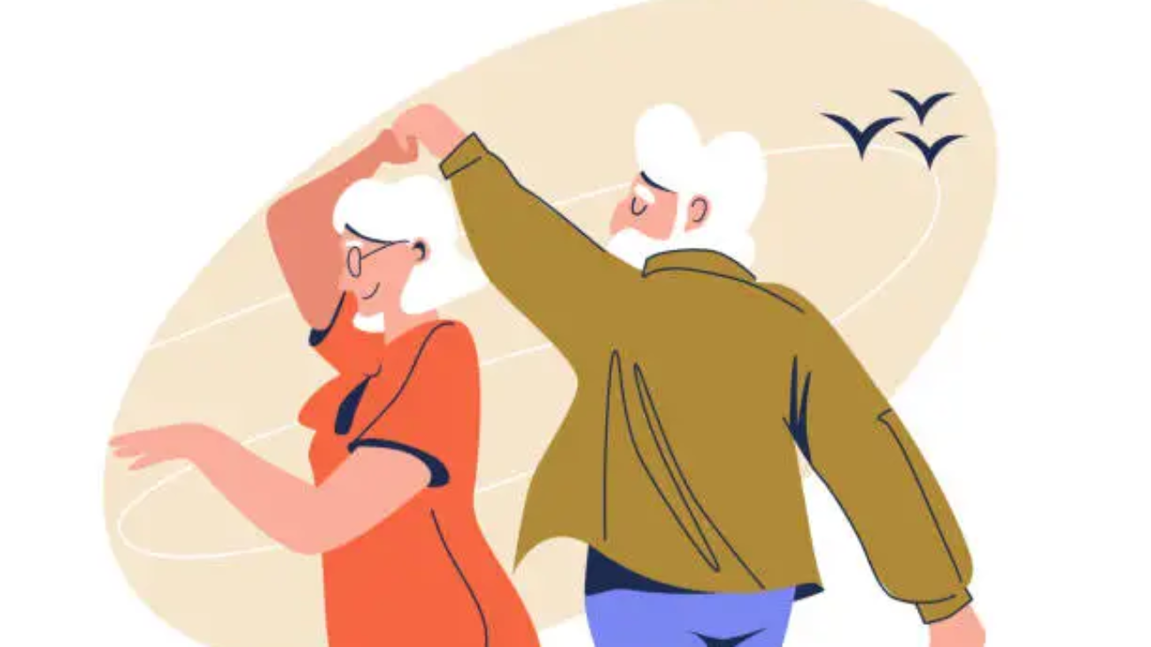 Elderly people dancing on the beach. Old bearded man dancing romantic dance with older woman. Vector illustration in cartoon style isolated on white background. Olive and pink colors