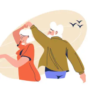 Elderly people dancing on the beach. Old bearded man dancing romantic dance with older woman. Vector illustration in cartoon style isolated on white background. Olive and pink colors